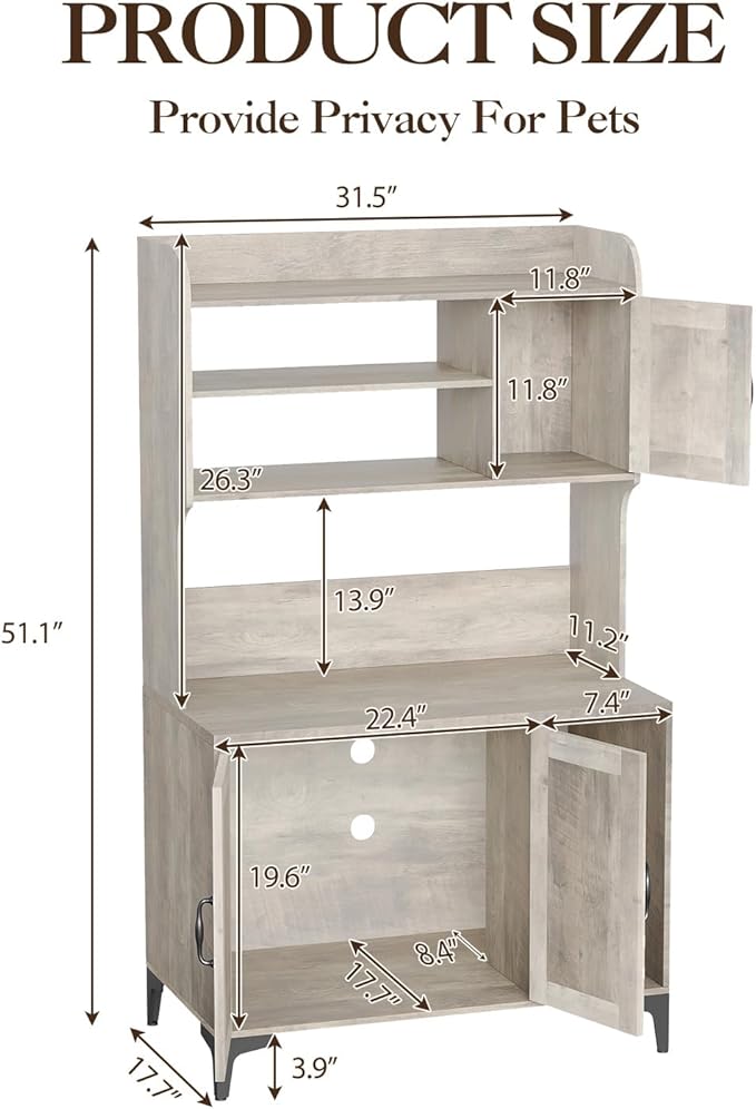 Large Cat Litter Box Enclosure Furniture with 3 Open Shelves and Storage Cabinet, Farmhouse Cat House Washroom with Scratch Pad, Modern Wood Pet House Side End Table for Livingroom Bedroom