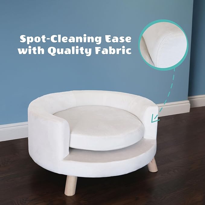 Critter Sitters 28-In. Elegant Circular Dog & Cat Sofa, Modern Elevated Pet Bed in Faux-Velvet White, Comfortable for Small to Medium-Sized Pets