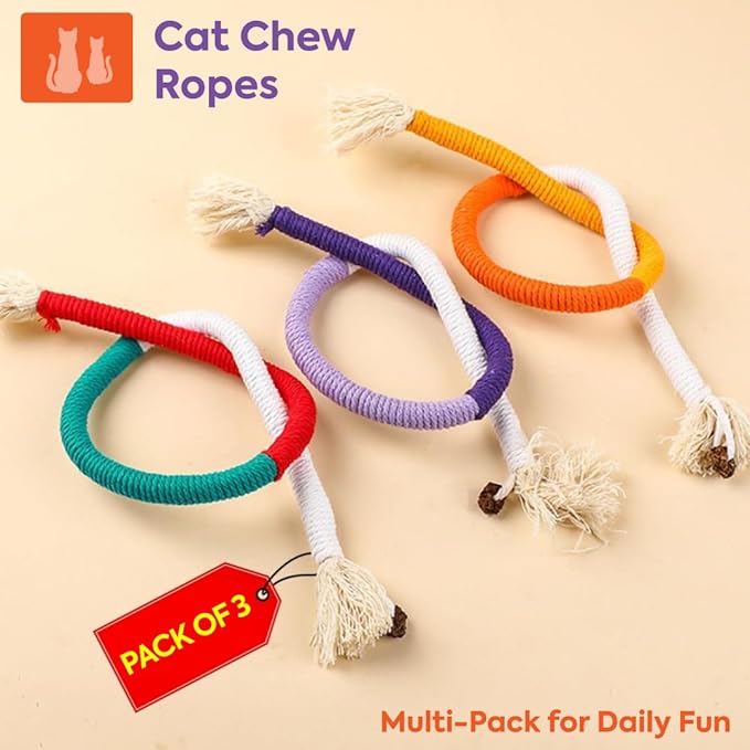 Cat Toys Chew Ropes 3Pcs with Refillable Natural Catnip, Safe Teeth Cleaning Toy for Indoor Kittens Interactive Cat Nip Kitty Toys for All Breeds 27.5 Inches