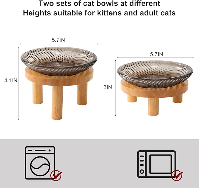 Cat Bowls Whisker Friendly with Wooden Stands. Raised Elevated Glass Whisker Fatigue Cat Bowl for Indoor Cats. 2PCS (Black)