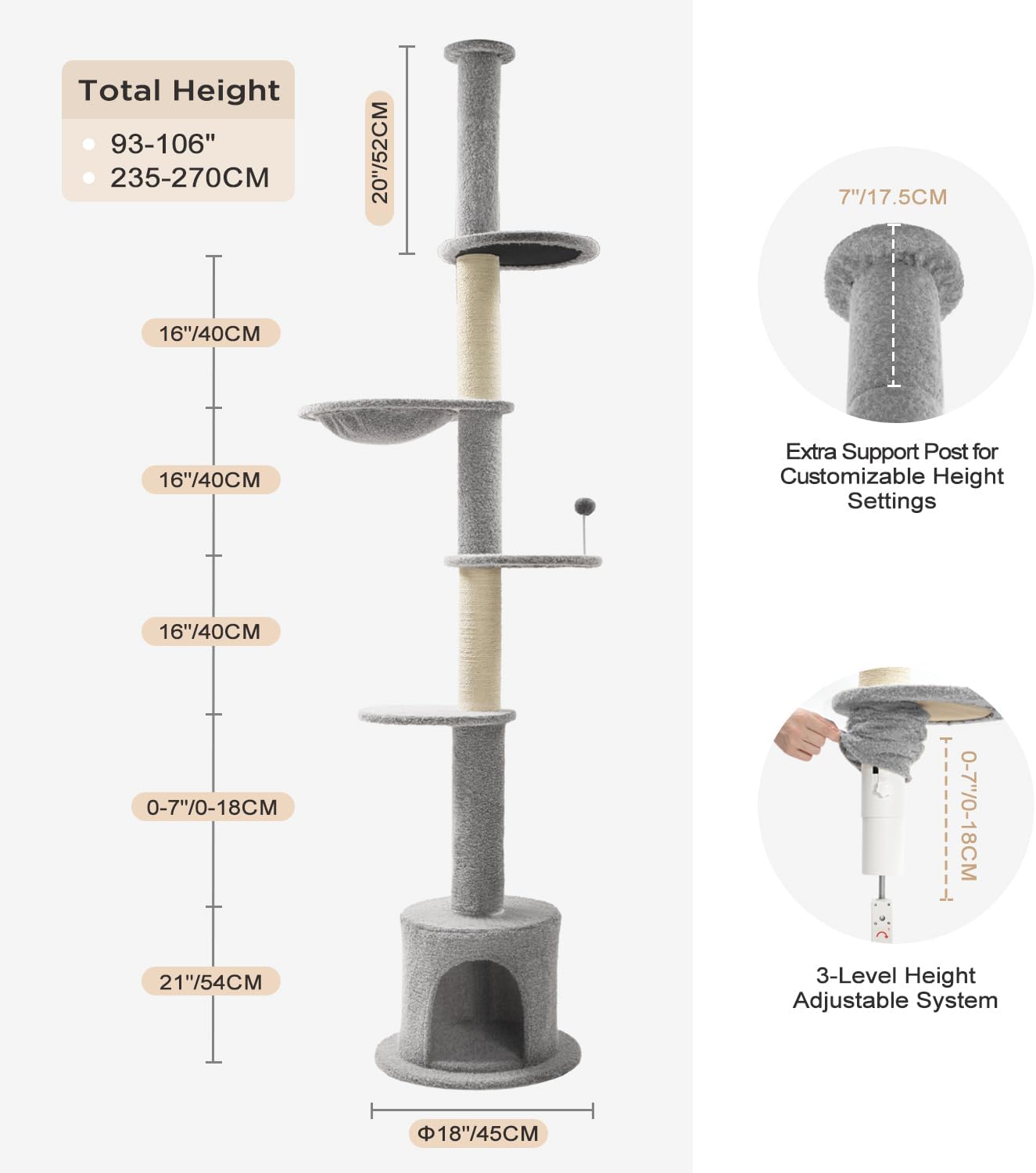 Made4Pets Floor to Ceiling Cat Tree 93-106'',Tall Cat Tower 5 Tiers,Adjustable Height, Stable Cat Tree Tower with Scratching Posts, Fluffy Condo, Hammock and Ball Toy for Indoor Cats/Kitten, Gray
