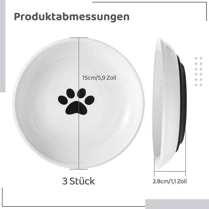 Dorakitten Ceramic Cat Bowls 3 Pack, No Whisker Fatigue Wide Shallow Cat Dishes with Non-Slip Silicone Bottom, Pet Food & Water Plates, 5.9 Inches Diameter