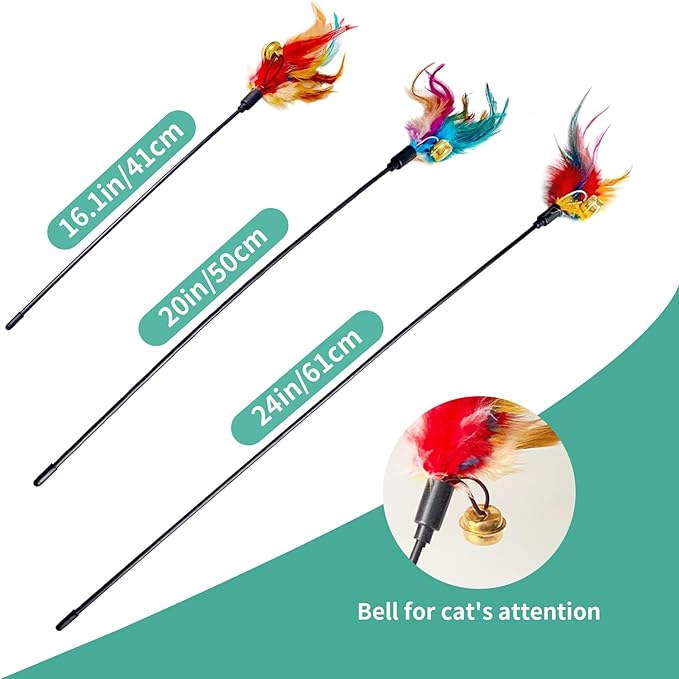 Cat Feather Toys, Cat Toy with Elastic Turkey Feathers, Interactive Teaser Wand with Bell, Durable Flexible Rod for Playful Kittens and Cats, Indoor Entertainment for Pets (1 Sets)