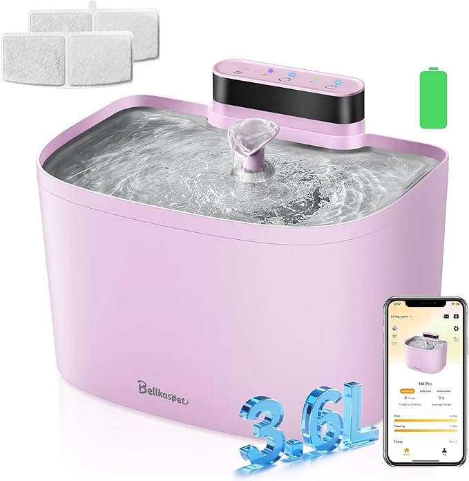 Cat Water Fountain, App Control Cat Fountain, 122oz/3.6L Pumpless Water Fountains for Cats Indoor with Stainless Steel Tray, Wi-Fi Dog and Pet Water Fountain (Pink, Fountain+2 Fliters)