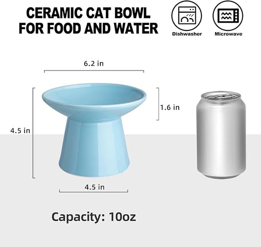 6.2 Inch Extra Wide Elevated Ceramic Cat Bowls, Food and Water Bowl Set for Elder Big Cats Small Dogs, Raised Design for Pet Easy Eating, Protect Cat's Spine Set of 2(Blue)