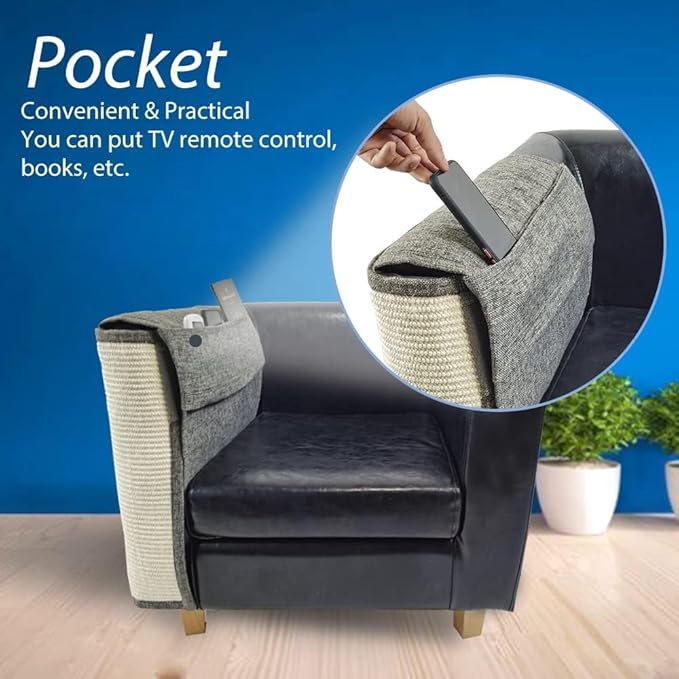 NATUYA Cat Scratch Couch Protector, Sisal Furniture Protector Cat Scratching Pad, Anti-Cats Scratch Sofa Armrest Couch Protective Shield with Pocket (Dark Gray, Fit Left or Right)