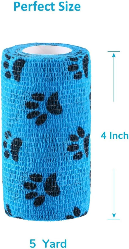 WePet Pet Wrap, Self-Adhesive, Only Sticks to Itself, Non-Woven Tape for Dog Legs, Paws, Wounds, First Aid Cohesive Gauze for Horse, Cat, Bird, Animal, 6 Rolls, 4 Inch, Pawprints A
