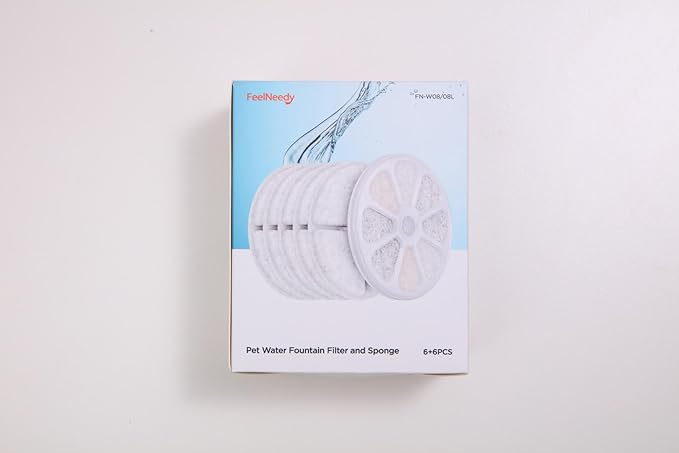 6 Pack Cat Water Fountain Filter & 6 Pack Pump Filter Sponges Replacement for [FN-W08L] and [FN-W06] - 6 Filters+1 ABS Shell+6 Sponges