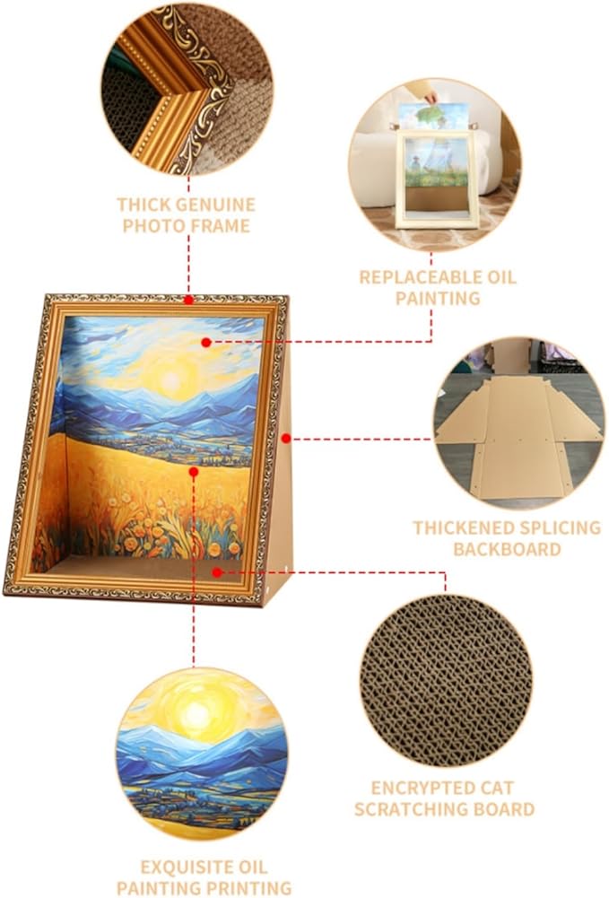 Oil Painting Cat House with Scratcher,Cat Bed Art Picture Frame Scratching Board Playing Tent Box, Assemble Kitty Couch Cave Condo Creative Pets Furniture - Kitty Living in Famous Painting (Daisies)