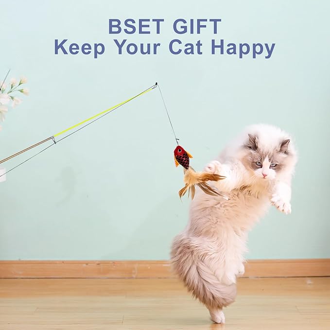 SILVERVINE Magic Cat Toy Wand with Fish – Interactive Cat Toys for Indoor Cats, Kittens & Bored Adults | Adjustable Fishing Pole Teaser with Feathers（Random Selection of 1 Out of 2）