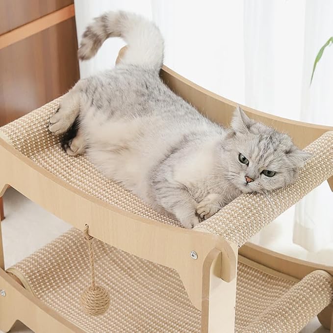 Multi-Level Sisal Cat Scratcher Bed | 2 & 3-Tier Wooden Cat Tower with Sisal Scratching Surface | Wood Pet Furniture (Large)