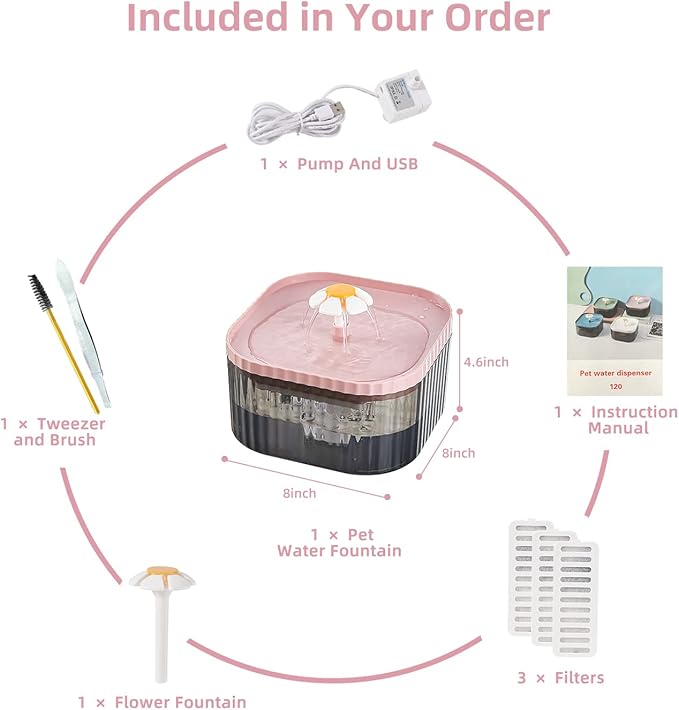 85oz/2.5L Cat Water Fountain, Ultra Quiet Pet Water Dispenser with Smart Pump and 3 Replacement Filters, Automatic Flower Fountain for Dog & Cat (Pink)
