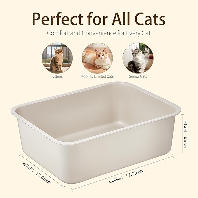 Stainless Steel Cat Litter Box - Metal High Sided Cat Pan, Large Khaki Gray Stainless Steel Box, Indoor Litter Tray, Non Stick, No Smell, Easy to Clean, Pet Toilet Supplies for Kitten, Kitty, Rabbit