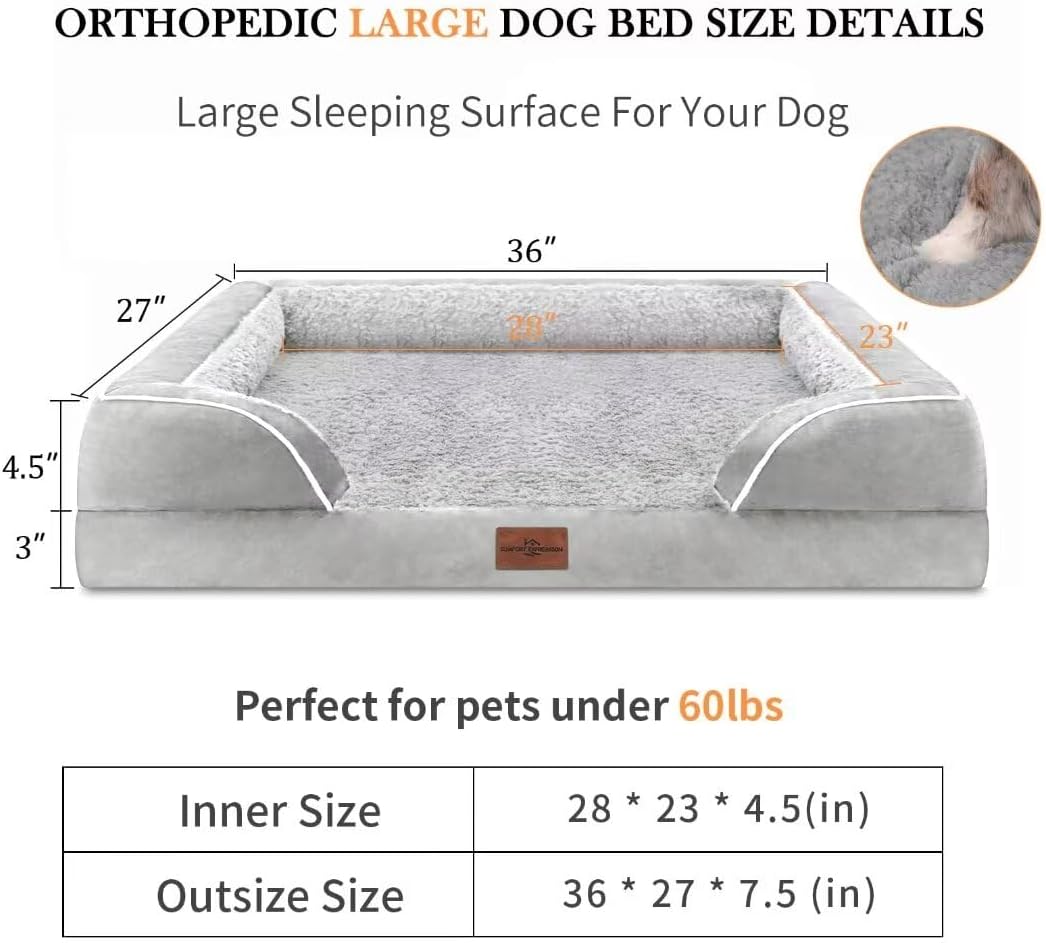 Comfort Expression Orthopedic Memory Foam Dog Bed, Waterproof Dogs Beds Large Sized, Washable Cooling Dogs Beds with Removable Cover, Pet Sofa with Bolster(Large,Light Grey)