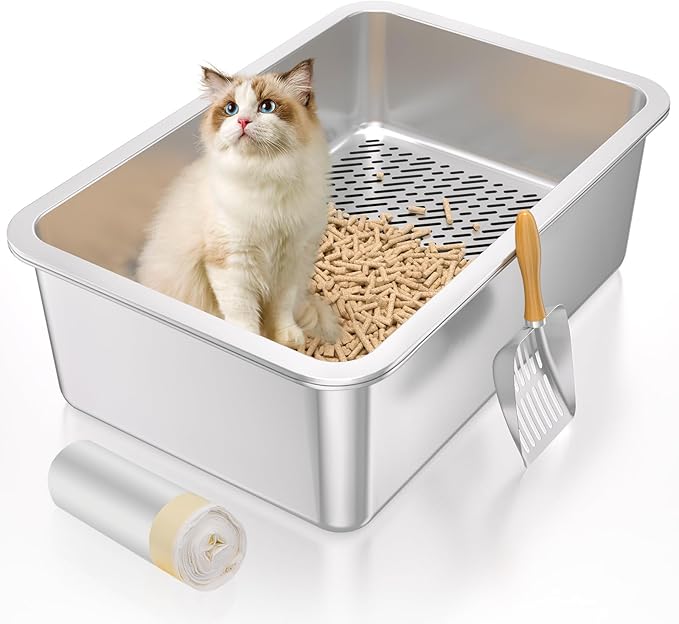 XL Stainless Steel Sifting Litter Box for Big Cats,Metal Sifting Cat Litter Box for Wood Pine Pellets,Extra Large Sifter Litter Pan System,Odor Control,Easy to Clean,with Liners and Metal Scoop