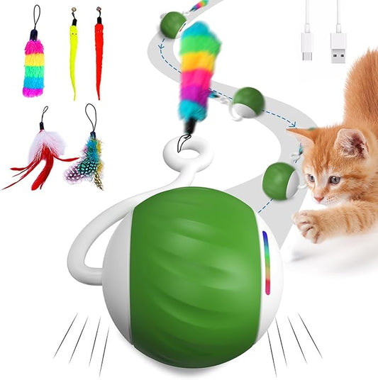 Interactive Cat Toys for Indoor Cats, DIY 5 in 1 Automatic Moving Cat Ball Toys/Puppies Toys with LED Rainbow Lights, Smart Sounds&Touch Control Cat Toys,USB Rechargeable Green