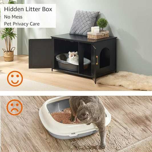 unipaws Black Top Opening Cat Litter Box Enclosure, Flip Top XL Extra Large Cat Box Furniture, Friendly to Elderly People, High Jumbo Automatic Litter Box Cover Hidden for Large Cat
