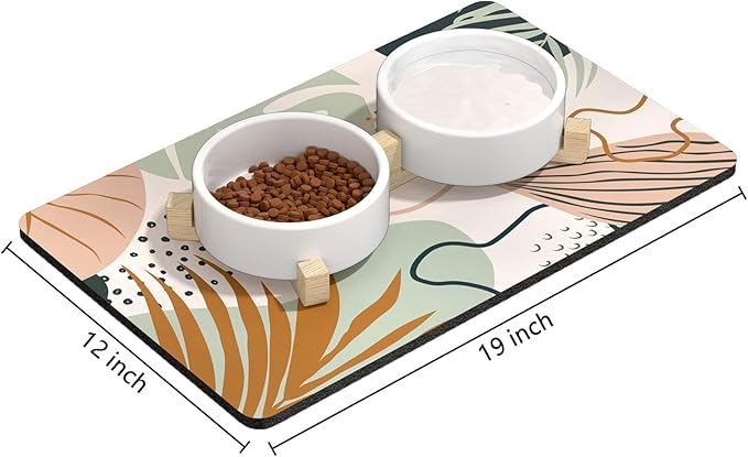 Rnivvi Dog Food Mat, 12" x 19" Boho Absorbent Dog Cat Bowl Mat for Food and Water, 3MM Anti-Slip Rubber Pet Feeding Rug Protect Floors, Puppy Placemat for Feeding & Watering Supplies, Tropical Leaves