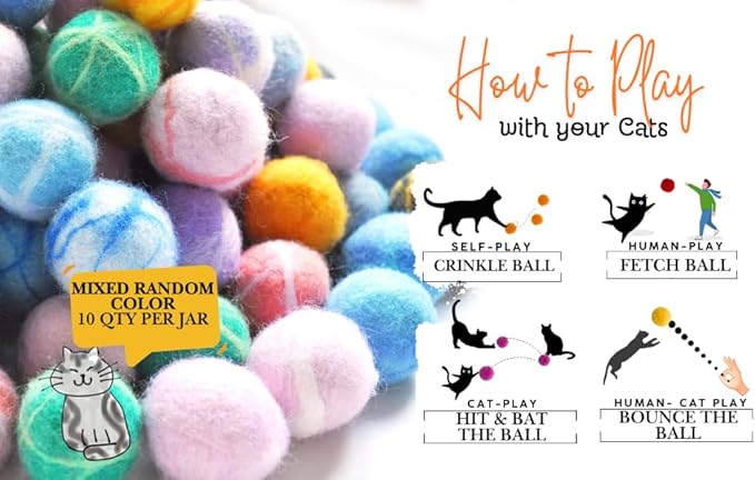 Felt Wool Cat Toys Ball with Catnip and Bell, Natural Handmade cat Toys Ferret Toys cat Gift Basket (feltwoolballmix5)