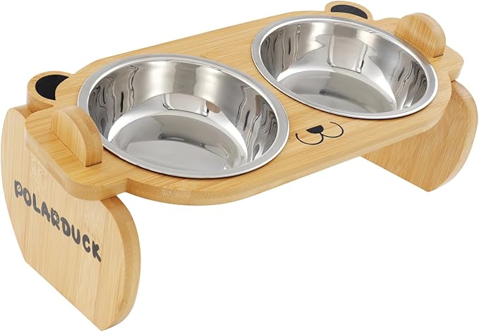 Tilted Elevated Cat Food Bowls Set: Raised Pet Dishes for Cats & Puppy with 15°Tilted Bamboo Stand, Stainless Steel Food & Water Bowl and Pet Feeding Mat | Anti Vomiting (2 Bowls | Red Panda)