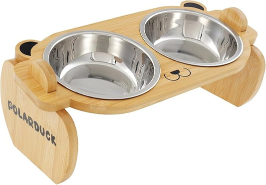 Tilted Elevated Cat Food Bowls Set: Raised Pet Dishes for Cats & Puppy with 15°Tilted Bamboo Stand, Stainless Steel Food & Water Bowl and Pet Feeding Mat | Anti Vomiting (2 Bowls | Red Panda)