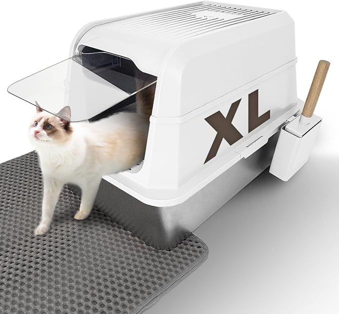 Stainless Steel Litter Box with Lid - Extra Large Cat Litter Boxes for Big Cats with Mat & Scoop - Anti-Leakage, Odor-Proof, High-Sided, Non-Stick＆ Easy to Clean - Ideal for Multi-Cat Homes - White