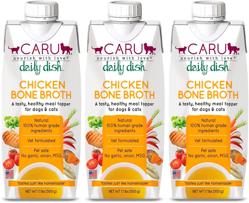 Caru - Daily Dish Chicken Bone Broth Meal Topper for Dogs & Cats - Savory Pour-Over Broth - 3 Pack