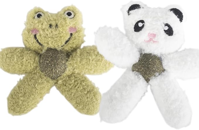 Cat Toys with Catnip Kitten Chew Bite Supplies Boredom Relief Fluffy Kitty Teeth Cleaning Chewing Cat Lovers Interactive Plush Gift (Frog&Panda)