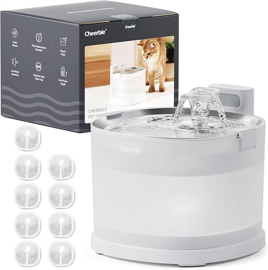 Cheerble Pumpless Pet Fountain Elfin E1+ with 9 Extra Filters, Wireless Pet Fountain Battery Operated, 2L/67oz E1+ Automatic Water Dispenser Cats & Dogs MagDrive™ Technology No Cleaning Hassle