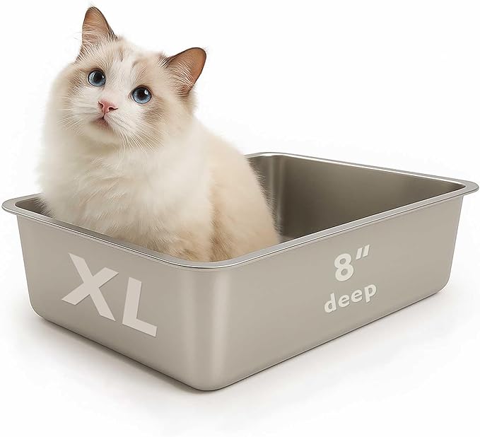 FELIO Stainless Steel Cat Litter Box - XL Metal High Sided Cat Pan, 23.6" L×15.7" W×7.9" H, Splash-Proof and Non-Stick Cats Poop Box odorless, Easy to Clean for Big Cats, Rabbit, Dog, Ferret