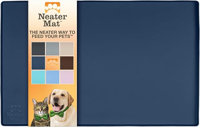 Neater Pet Brands Neater Mat Pet Mats for Food and Water, Cat & Dog Bowl Mat Waterproof Silicone, Feeding Tray, Dog Food Mats for Floors, Placemat w/Raised Edge for Under Bowls, 16” x 10”, Dark Blue