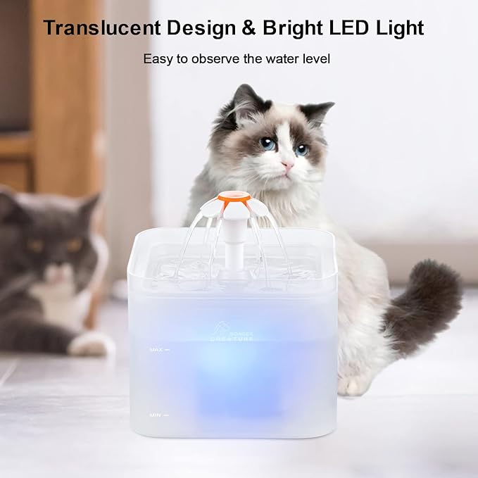 Cat Water Fountain, 67oz/2L Automatic Cat Drinking Fountain, Pet Water Dispenser with LED Light and Filter for Cats and Small Dogs (Clear)