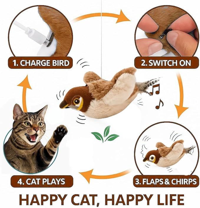 Toys Rechargeable Flapping Bird Sparrow, Lifelike Chirp Tweet, Touch Activated Kitten Toy Interactive Cat Exercise Toys for All Breeds Cat Kicker Catnip Toys (White Faced Sparrow)