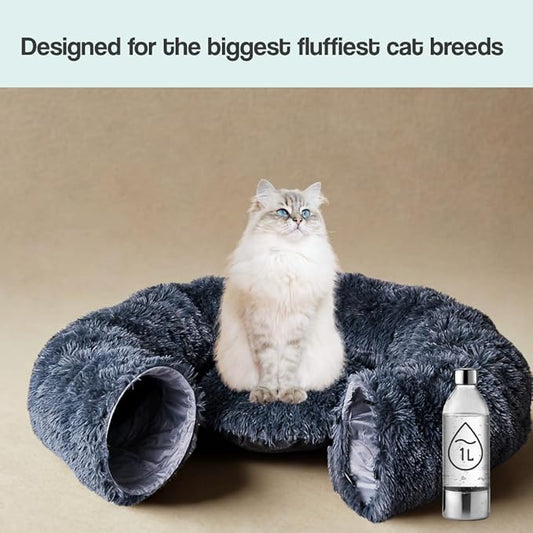 Cat Tunnels for Indoor Cats Large – Fluffy Donut Tunnel Bed with Soft Mat & Plush Toy – Peekaboo Cat Cave Bed for Napping & Play – Dark Gray, The Cat Park