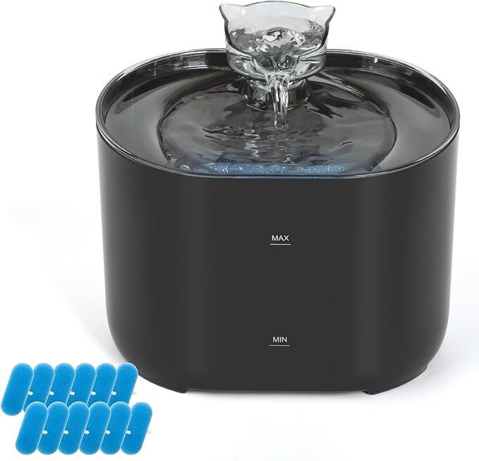 Meill Cat Water Fountain, 75Oz/2.2L Dog Water Bowl Dispenser with Filter Indoor for Small Pets, Automatic Shut-Off for Low Water Level, Water Level Visible, Ultra-Silent, 12 Filters, Black