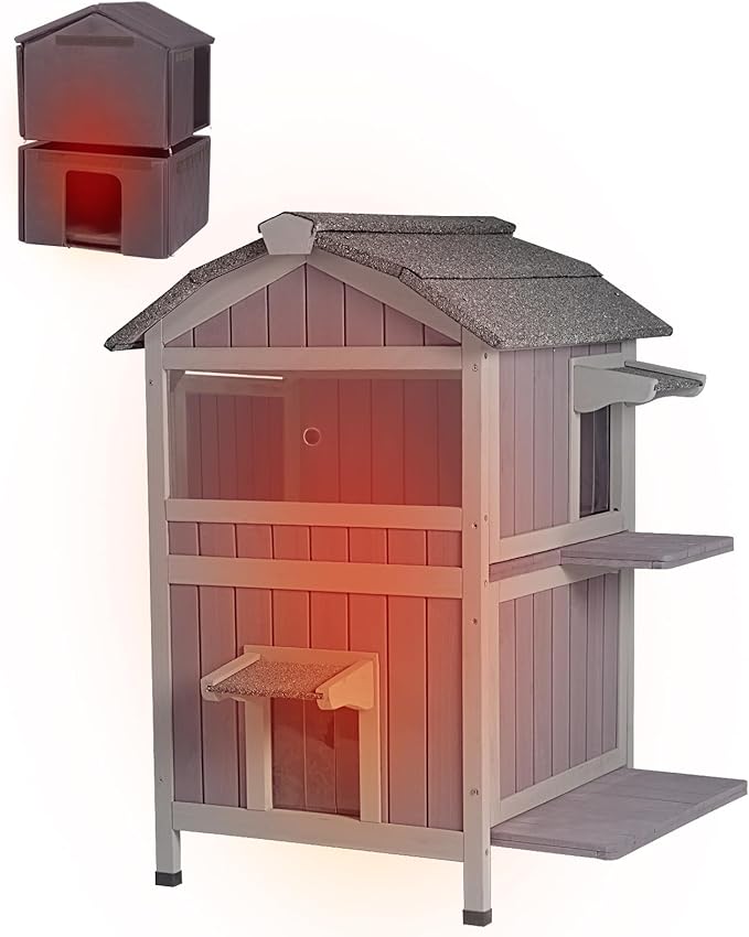 Insulated Outdoor Cat House with Escape Door 2-Story Weatherproof Kitty Shelter with Insulated Liner Large Feral Cat Shelter with Window