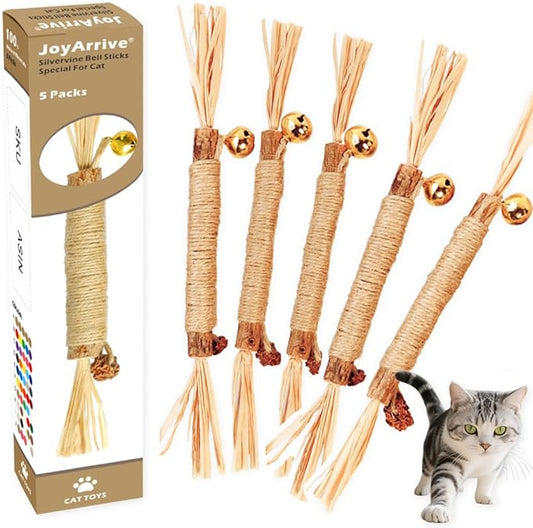 Natural Dried Matatabi Cat Chew Stick with Gall Fruit, Raffia Grass & Bell Cat Ball Toys, Handmade Silvervine Sticks Interactive Catnip Toy for Teething & Entertainment (Size M Color A)