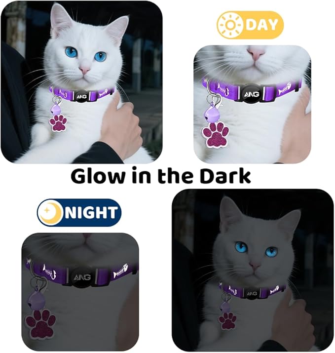 Personalized Breakaway Cat Collars Glow-in-The-Dark with ID Tag, Bell - Safety Quick - Release, Customizable for Female Male Kittens & Cats (Purple)