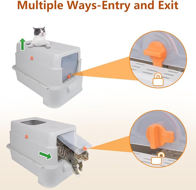 Enclosed Stainless Steel Cat Litter Boxes,Top Entry Large Foldable Litter Box with Lid,Hooded Covered Stainless Steel Cat Litter Box,Easy Cleaning,No Urine Leakage,Deeper Pan,with Litter Mat