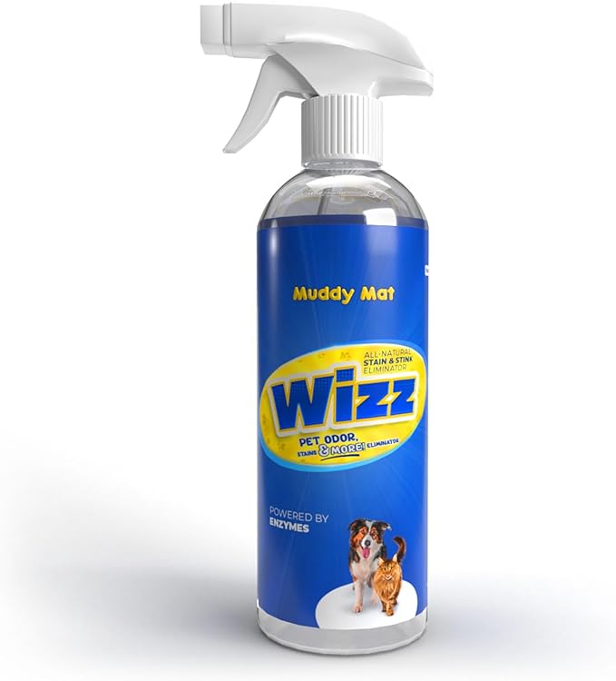 Muddy Mat® Wizz Stain & Odor Remover for strong odor of Cat & Dog Pee Cleaner, Pet urine odor eliminator, Remove strain and Odor from carpets, fabric, clothing, furniture & Pets - 24oz Spray