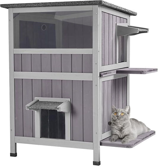 Aivituvin Outdoor Cat House，Two-Story Feral Cat Shelter，Wooden Cat Condos,Weatherproof Cat Enclosure for Winter with Escape Doors