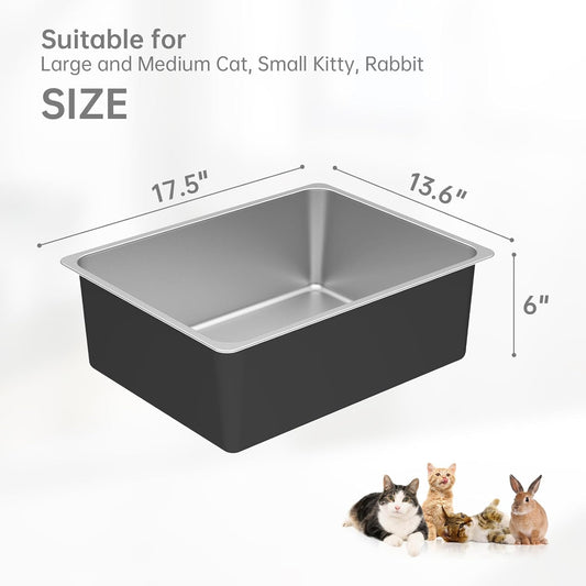 Ohtomber Stainless Steel Litter Box - High Sided Metal Cat Litter Box Pan, Never Absorbs Smell, Easy to Clean Non Stick Cat Litterbox Tray Toilet Pet Supplies for Indoor Kitty, Kitten, Rabbit, Puppy
