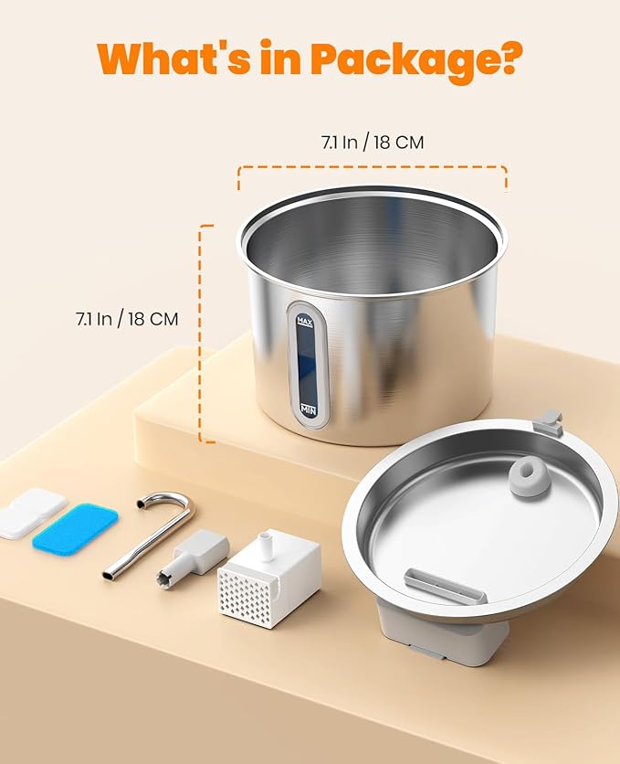 oneisall Stainless Steel Cat Water Fountain, 2L Water Fountains for Cats Indoor with Quiet Pump and 3 Replacement Filters, Pet Water Fountain Faucet Spout Design Cat Fountain Drinking Inside, PWF 001