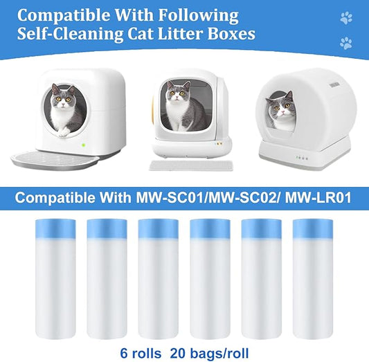 Thicken Cat Litter Bags 120 Pack, cat litter box liners, Leakproof Poop Bags & Waste Bags - Ultimate Odor Control and Leakproof Design,6 Rolls Drawstring Trash Bags for Automatic Litte(18x12.6 inches）