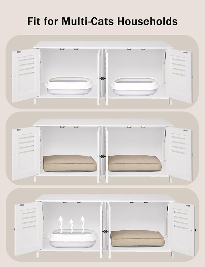 DINZI LVJ Litter Box Enclosure for 2 Cats, Hidden Litter Box Furniture with Double Rooms, Dual Cat Litter House, Front Doors, 47.2" Wooden Hidden Cat Washroom, Side End Table, TV Stand, White