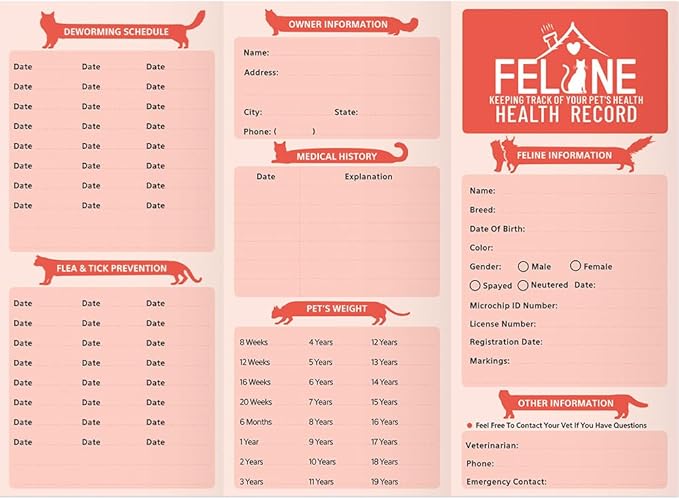 ANZON MORIES 24 Packs Cat Health Record Cards Vaccination Book with Storage Pocket, Large 8 x 10.5 in Feline Vaccine Shot and Kitten Immunization Memo Booklet for Kitty Pet Nursing Supplies