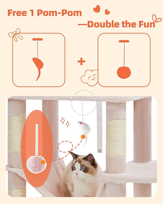 Taoqimiao Cat Tree, 66.2-Inch Cat Tower for Indoor Cats, Plush Multi-Level Cat Condo with 12 Scratching Posts, 2 Perches, 2 Caves, Hammock, 2 Pompoms, Jelly Pink MS013P