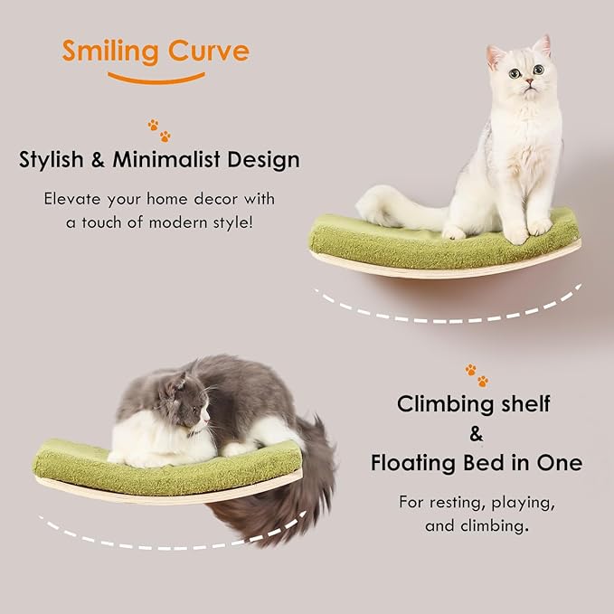 Curved Cat Shelves and Perches, Floating Cat Wall Bed with Comfortable Cushion