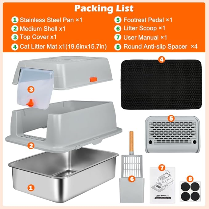 SZEE XL Stainless Steel Litter Box, Top Exit Design, Non Stick, No Smell, Easy Cleaning, Activated Charcoal Odor Control Design, Half/Fully Enclosed Design, Footboard, Trapping Mat & Scoop Included