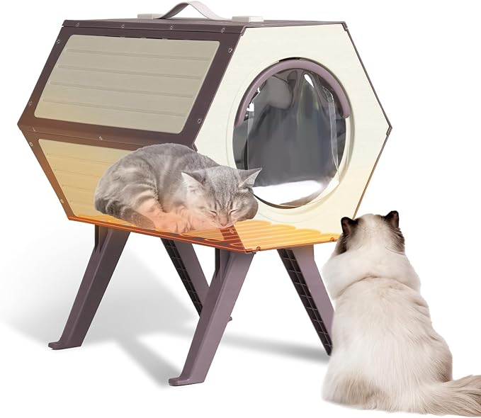 Heated Cat House for Outdoor Winter,Combined Cat Condo with Adjustable Temperature and Time， Insulated Outdoor or Indoor Cat Shelter for Feral with Escape Door (White and Brown, 1 Set)
